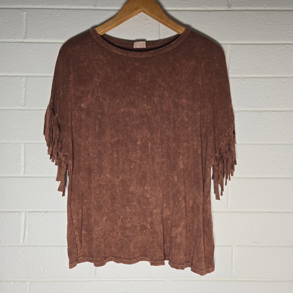 Fringe Sleeve Top Medium Oversize Brown Mineral Western Cowboy Festival Neutral